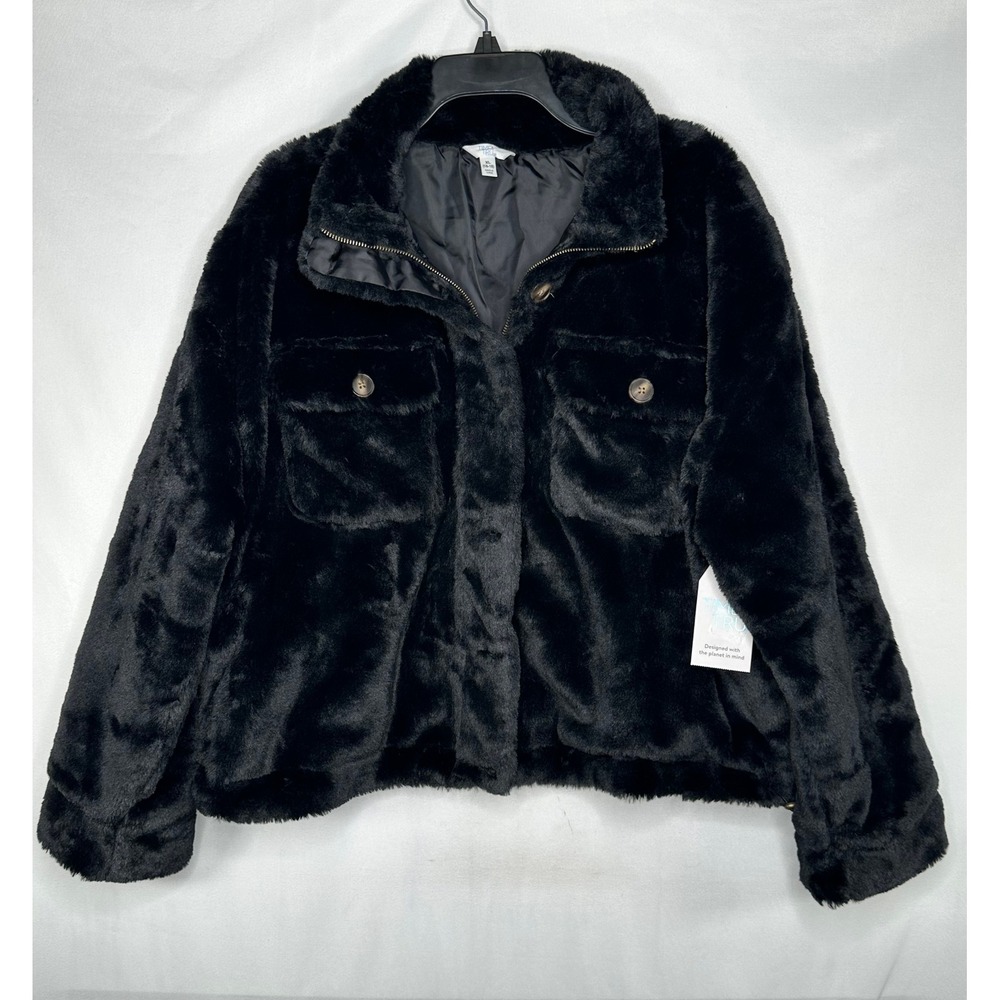 Time and Tru NWT  Womens Black Faux Fur Full Zip Jacket  Y2K XL 16-18